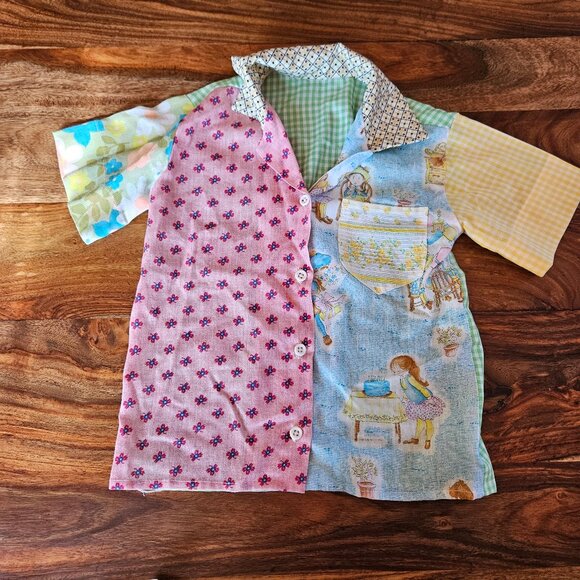 Vintage 70s Toddler Boys Pair Set 2 Handmade Patchwork Short Sleeve Shirt 4T/5T - Picture 3 of 5